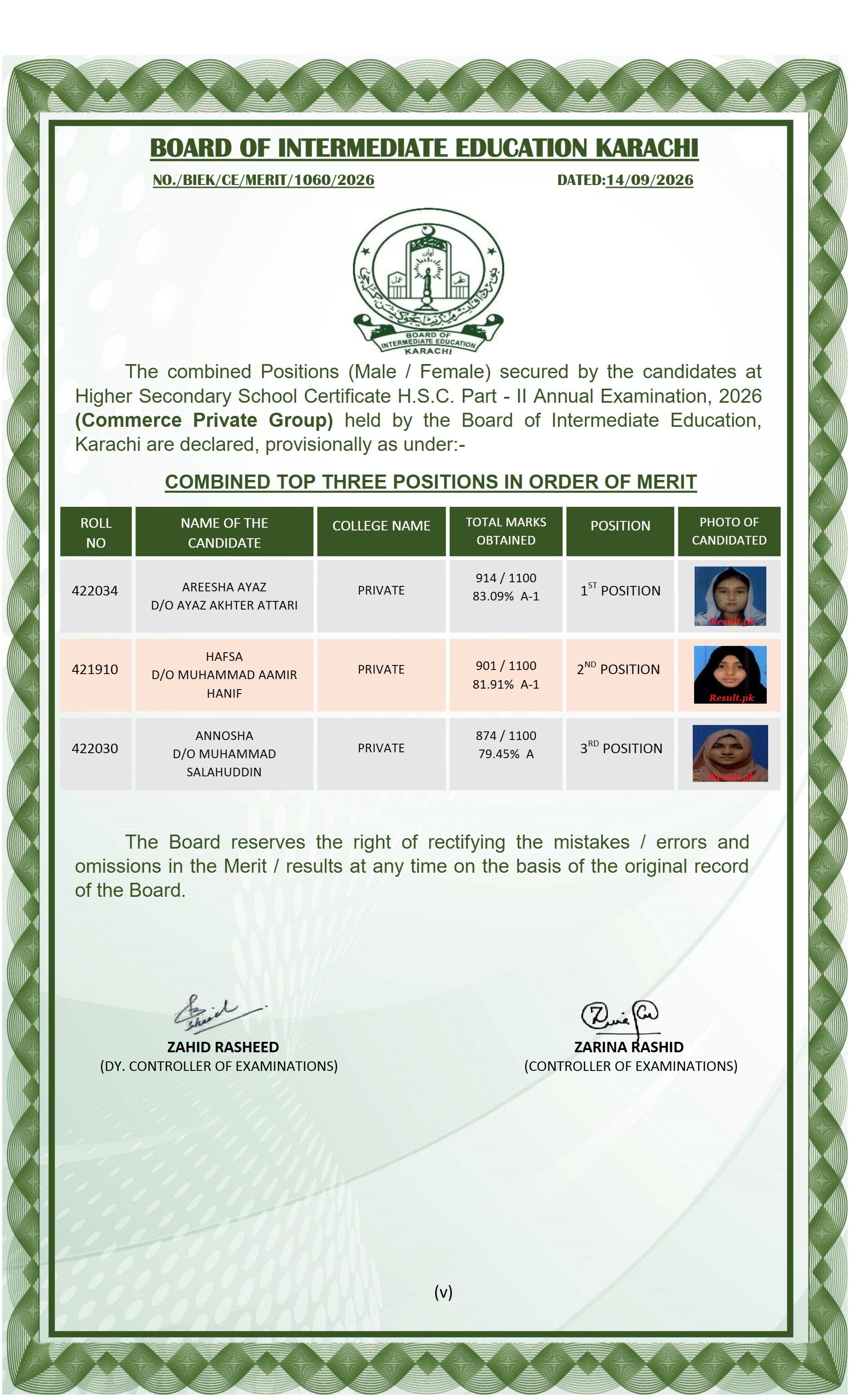 Karachi Board HSC Commerce Private Top 3 Positions 2026