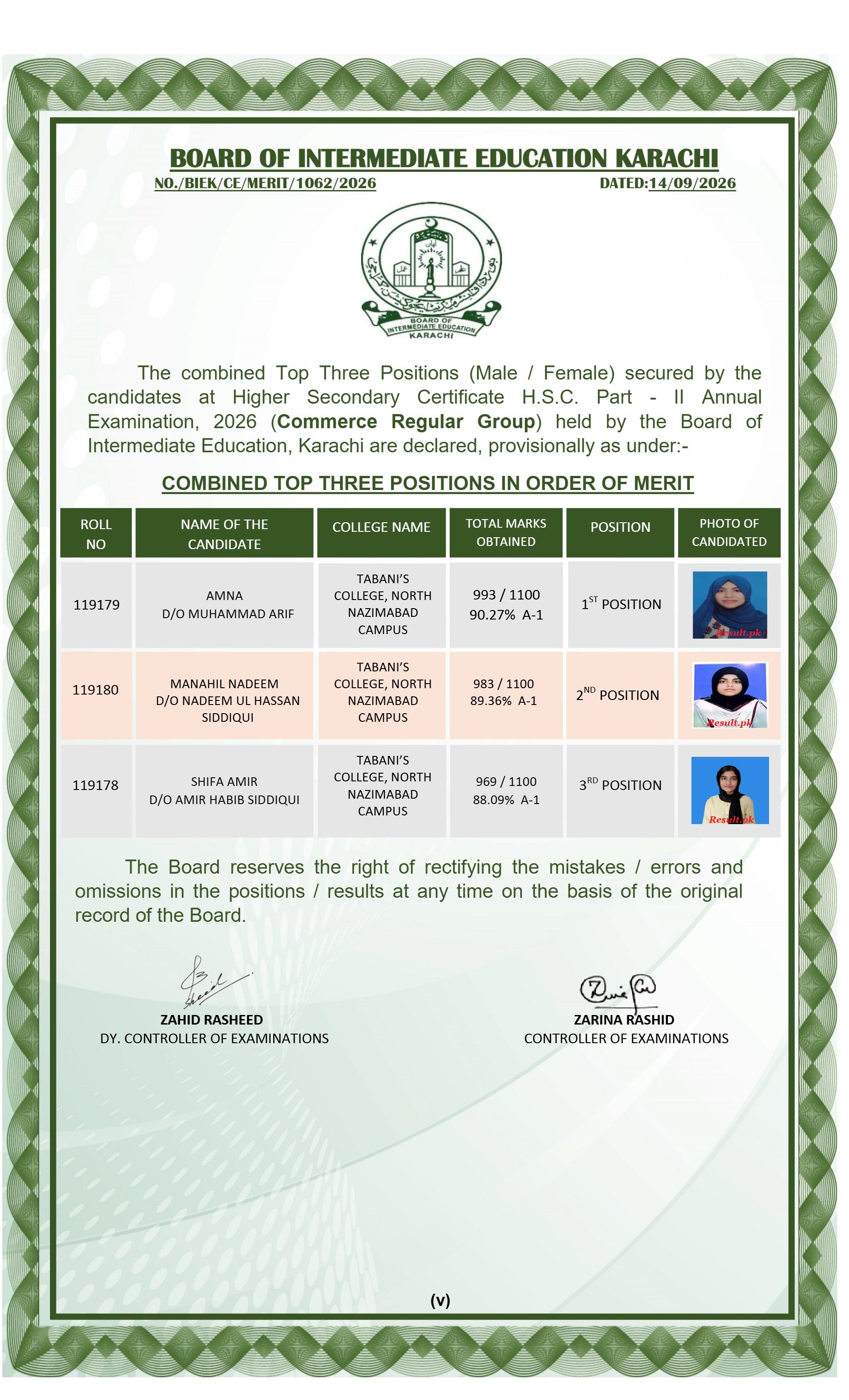 Karachi Board HSC Commerce Regular Top 3 Positions 2026