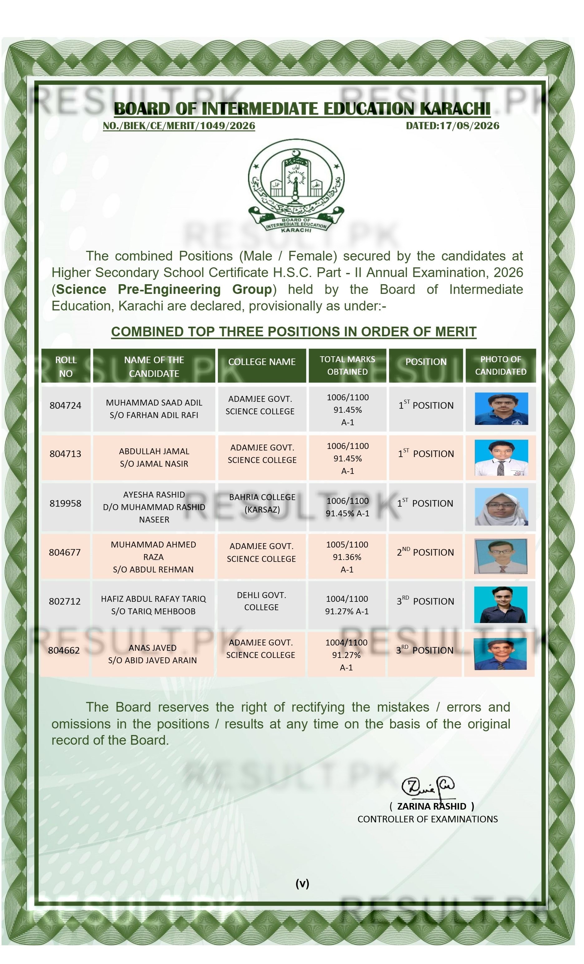BIEK Karachi HSSC Part-II Science Pre-Engineering Group Top Positions 2026