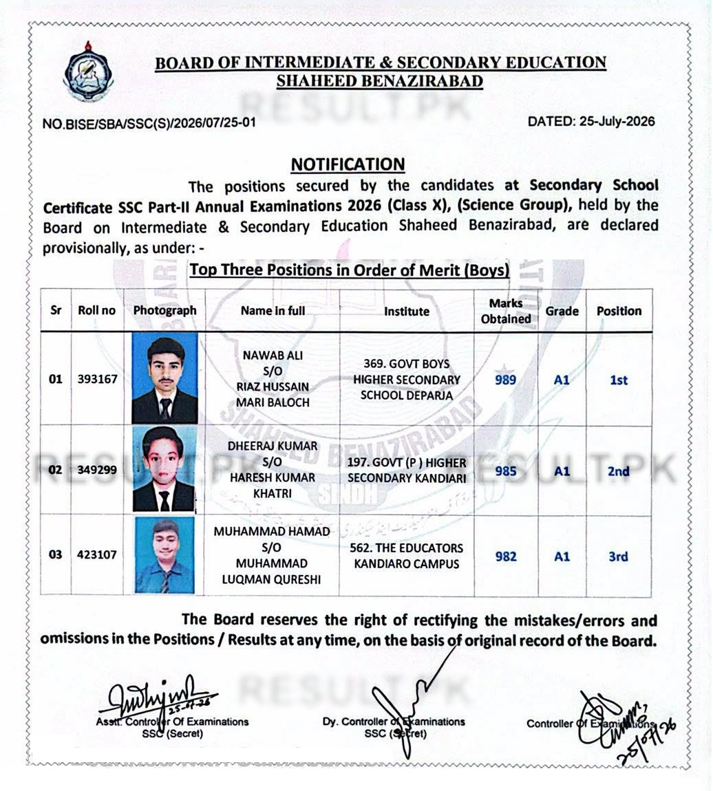BISE Shaheed Benazirabad Board 10th Class Science Group Boys Position Holders 2026 Top 3