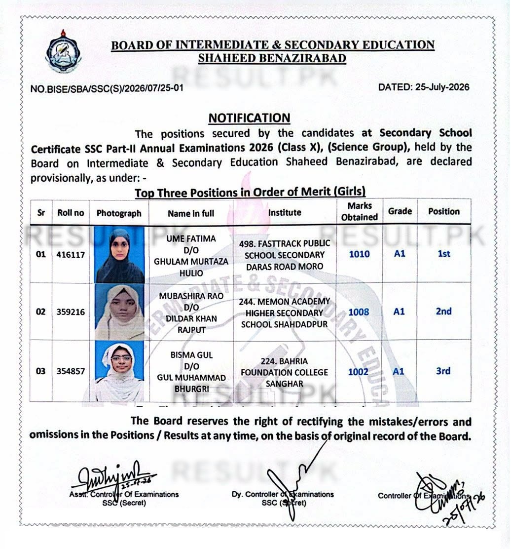 BISE Shaheed Benazirabad Board 10th Class Science Group Girls Position Holders 2026 Top 3