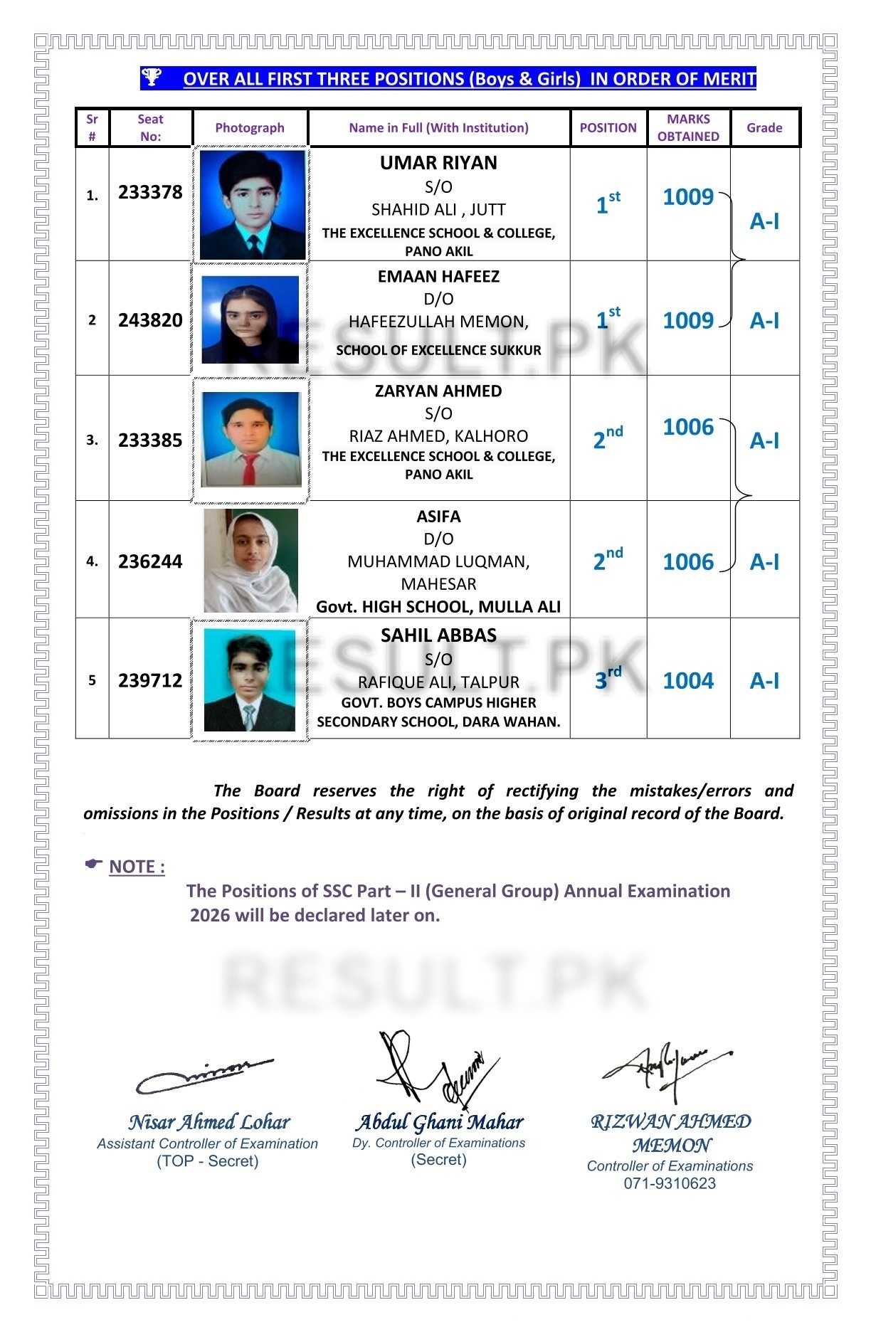 BISE Sukkur Board 10th Class Position Holders 2026 Overall Top 3