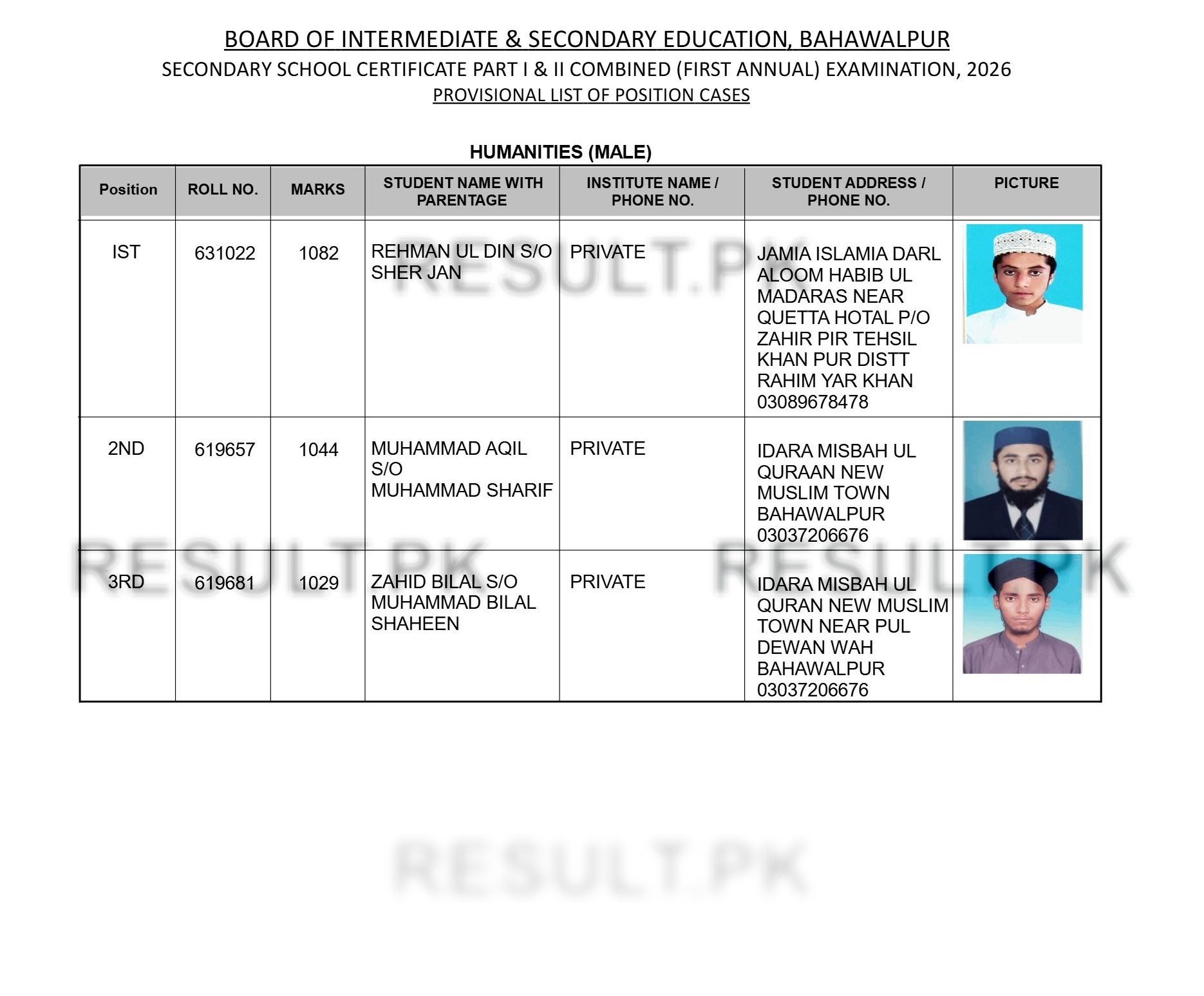 Bahawalpur Board Humanities Male Position Holders 2026