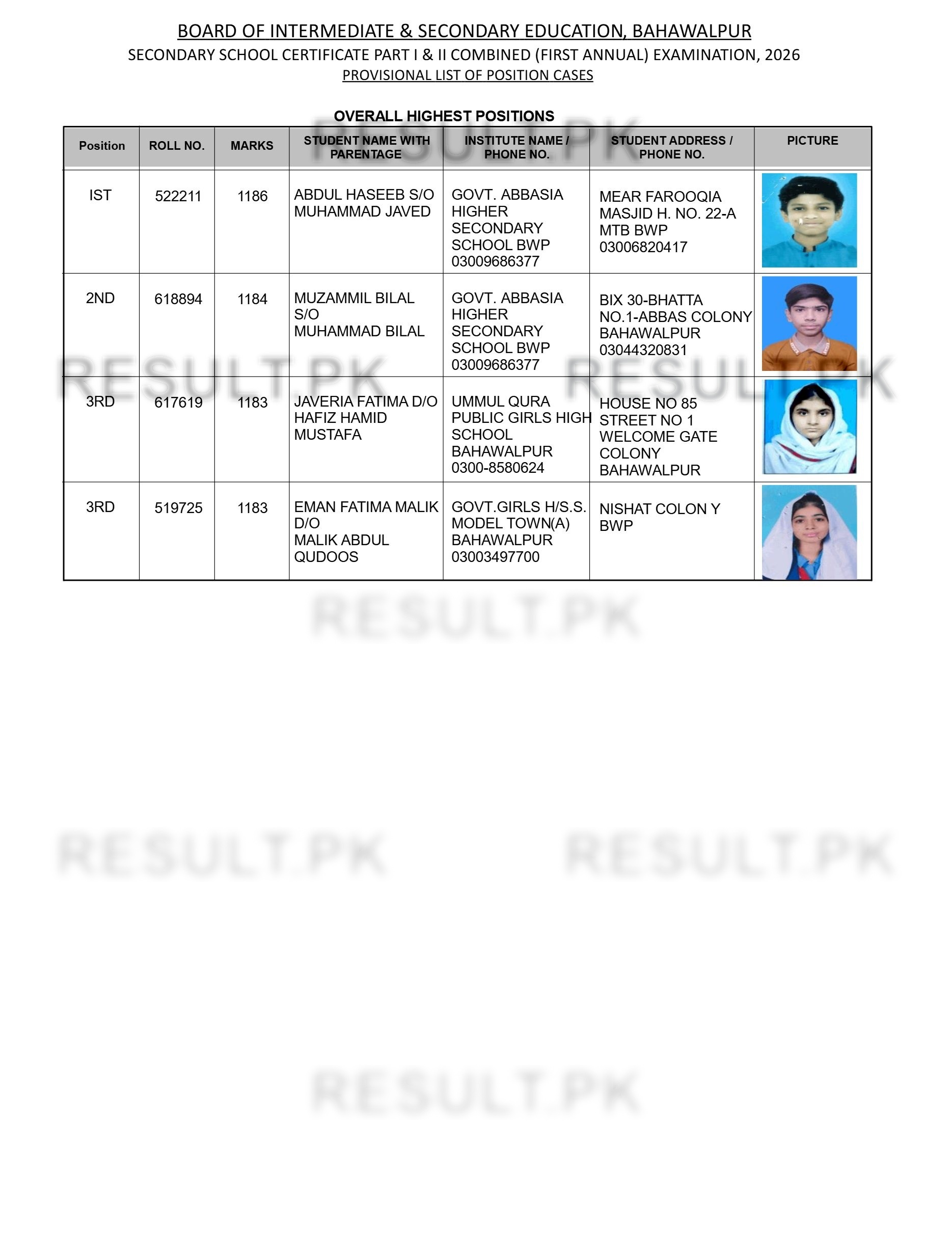 Bahawalpur Board SSC Overall Top 3 Positions 2026