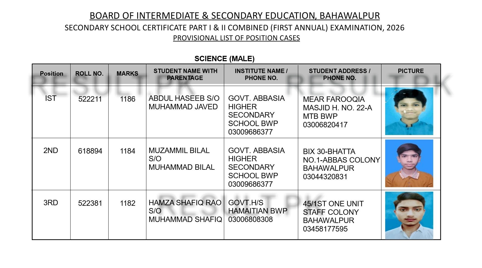 Bahawalpur Board Science Male Position Holders 2026