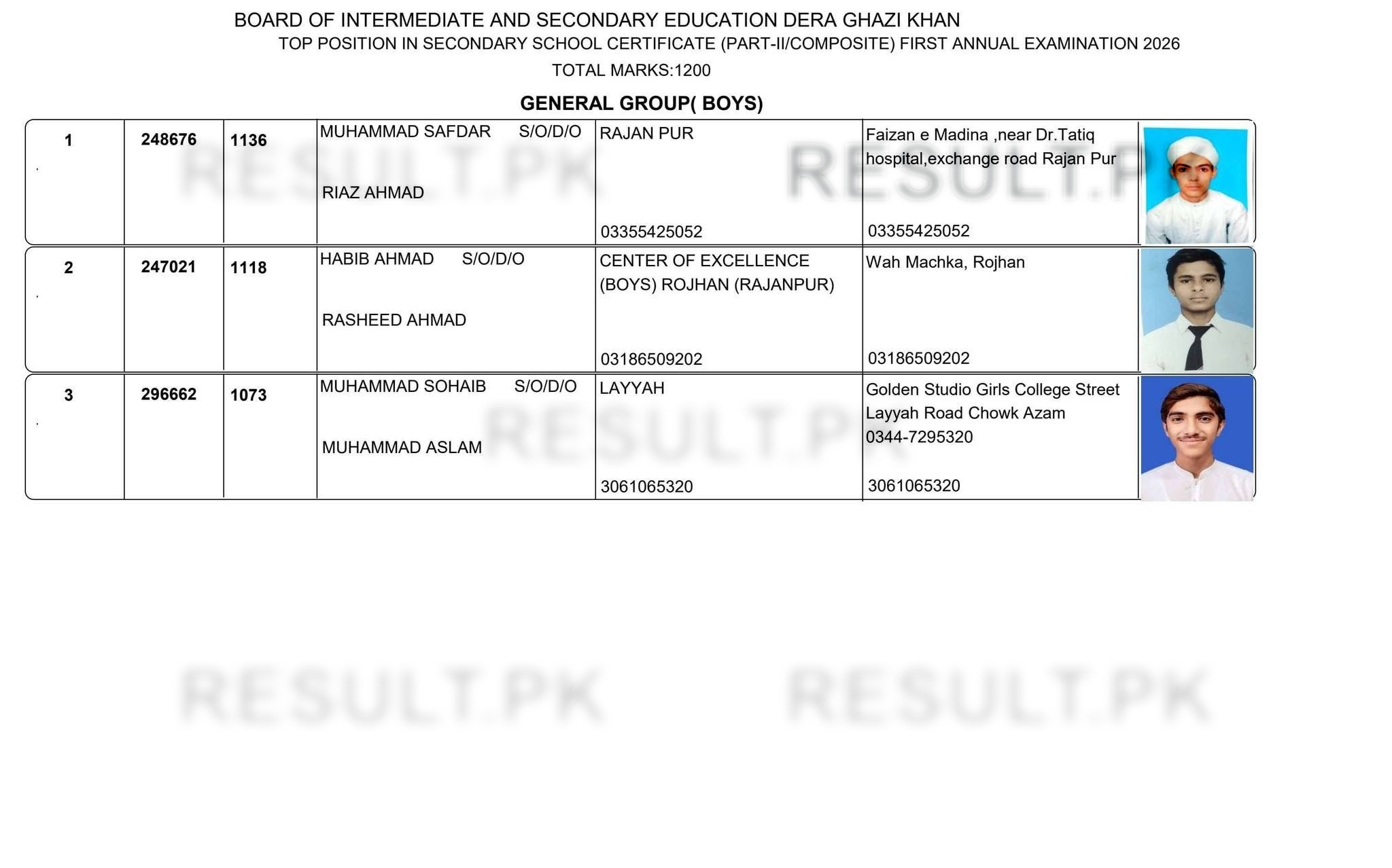 DG Khan Board SSC General Group Boys Top 3 Positions 2026