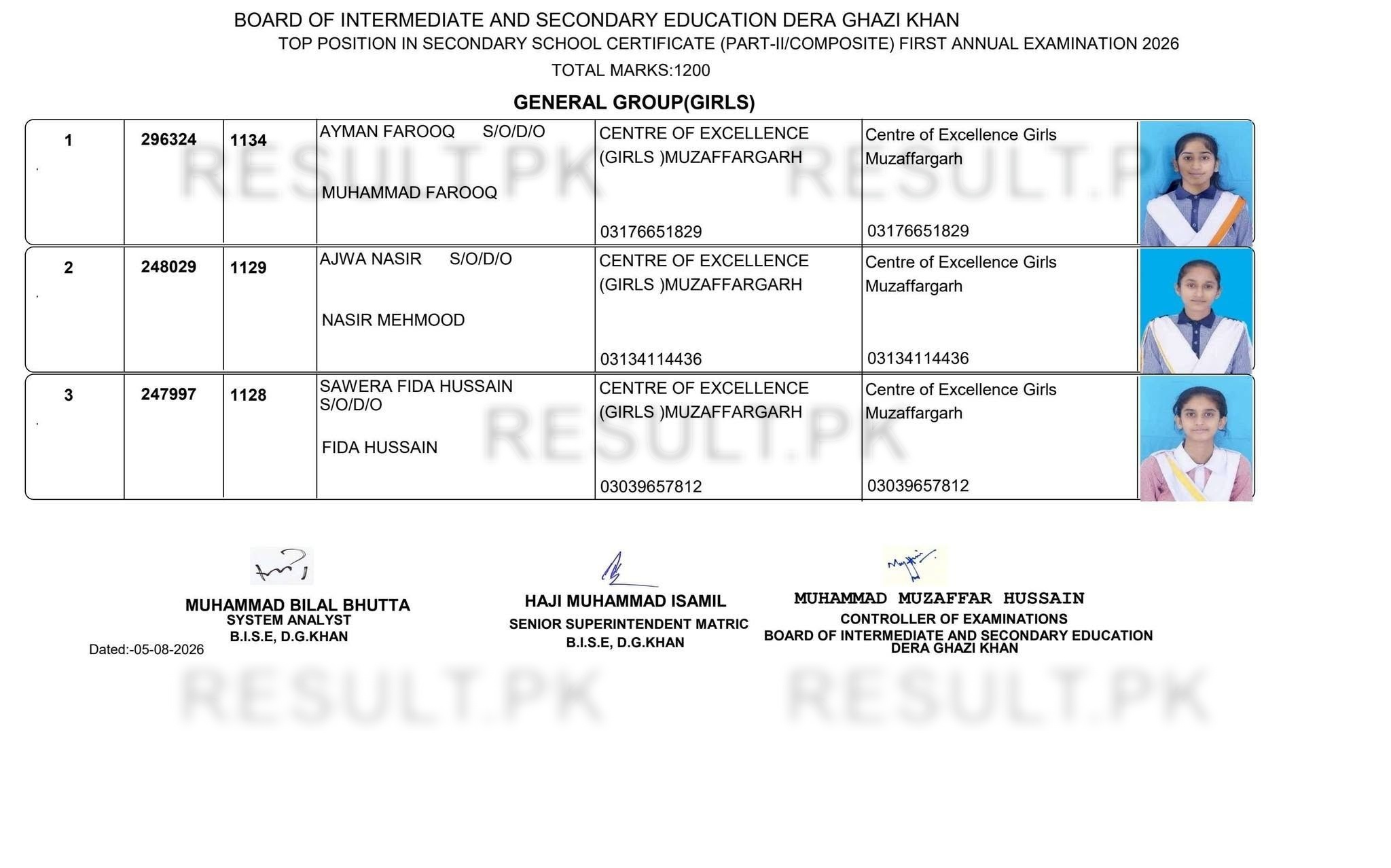 DG Khan Board SSC General Group Girls Top 3 Positions 2026