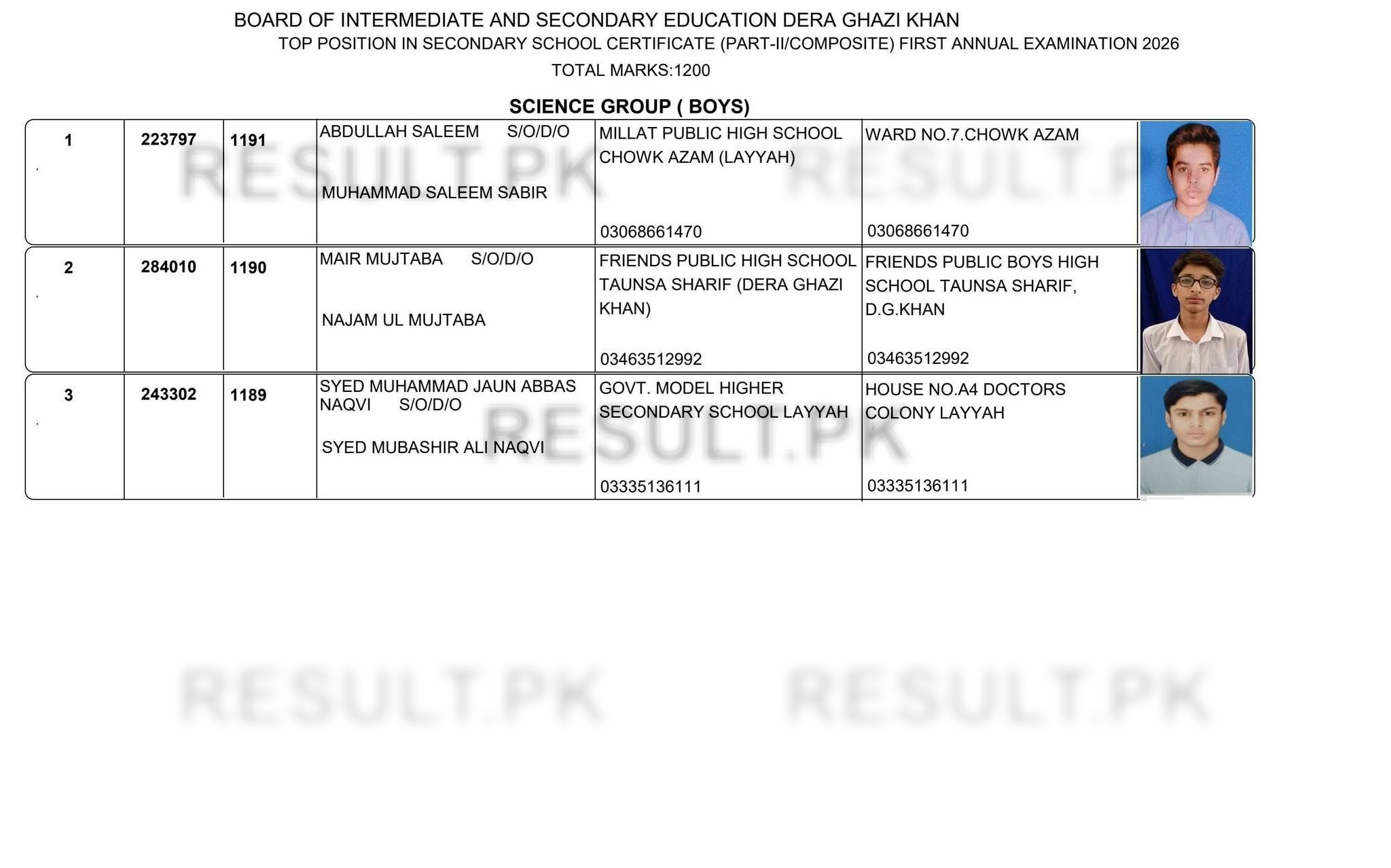 DG Khan Board SSC Science Group Boys Top 3 Positions 2026