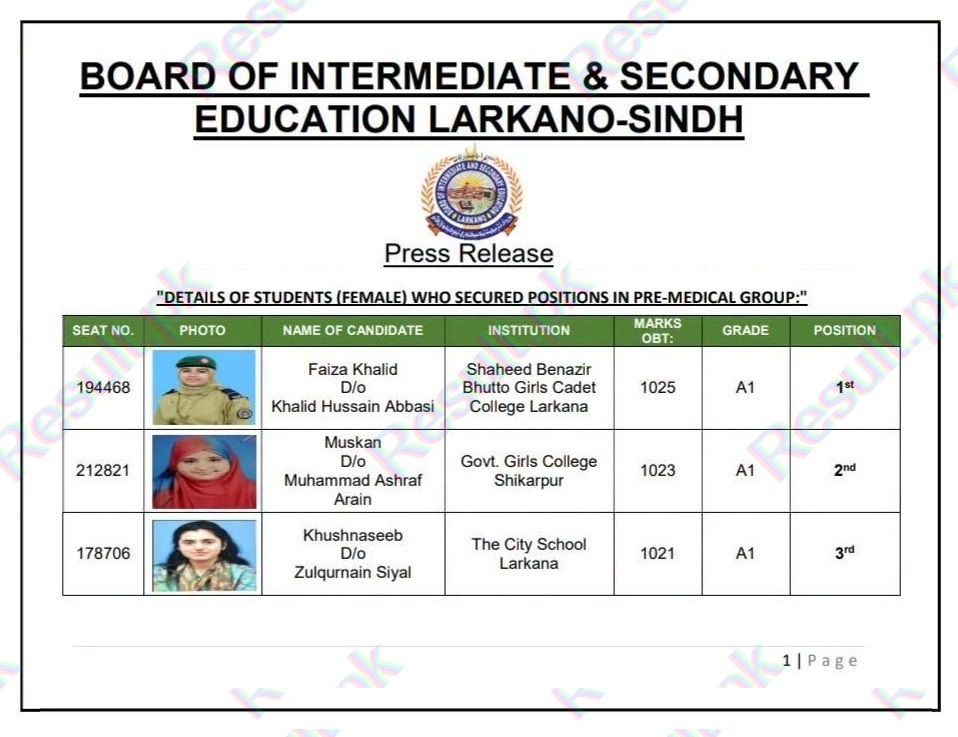 Larkana Board HSC Pre-Medical (Female) Top 3 Positions 2026