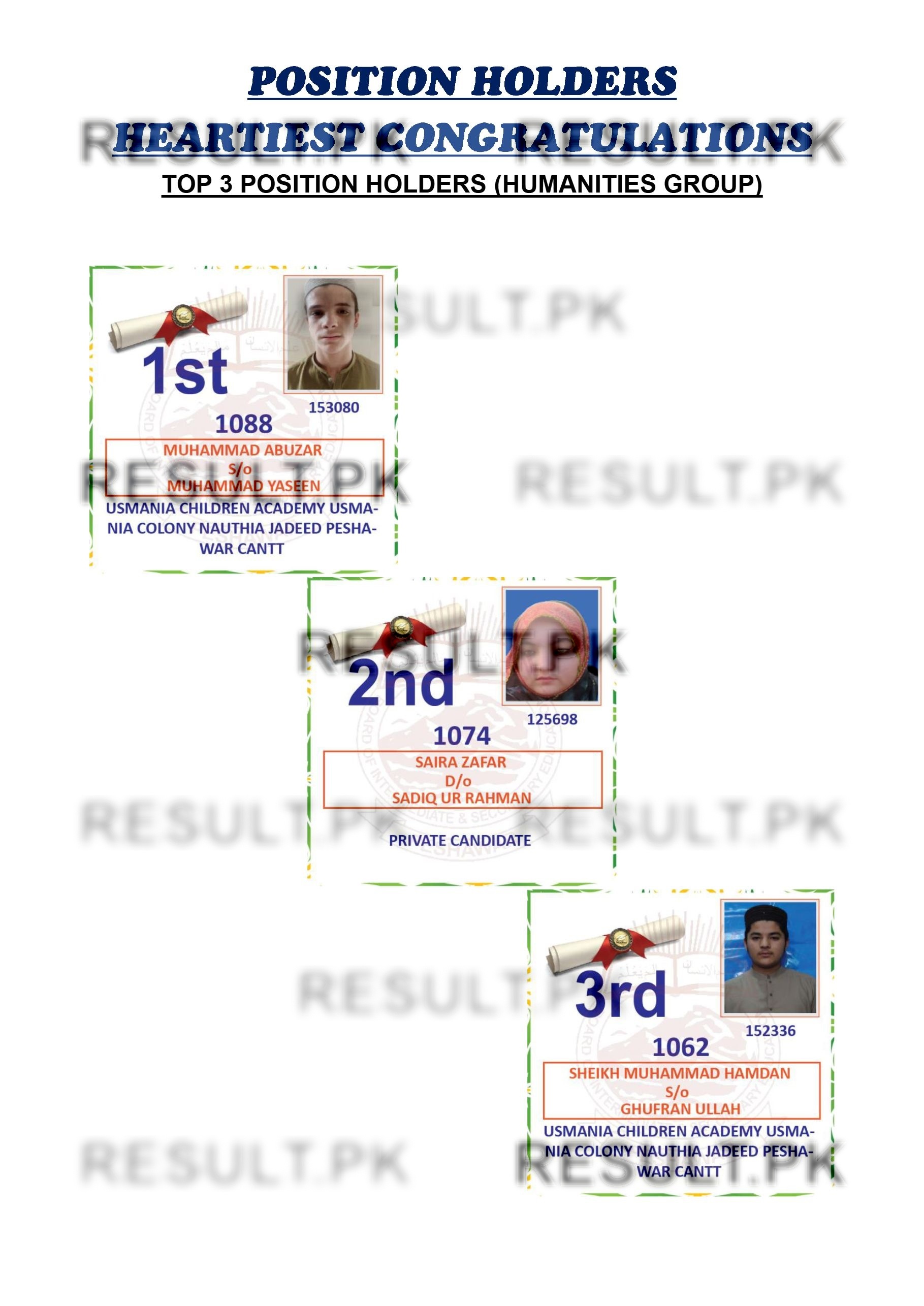 Peshawar Board SSC Humanities Group Top 3 Position Holders 2026