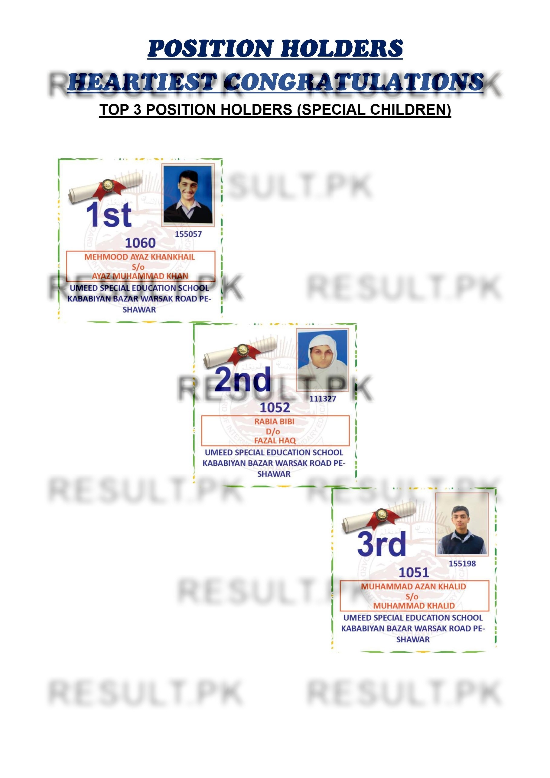 Peshawar Board SSC Special Children Top 3 Position Holders 2026
