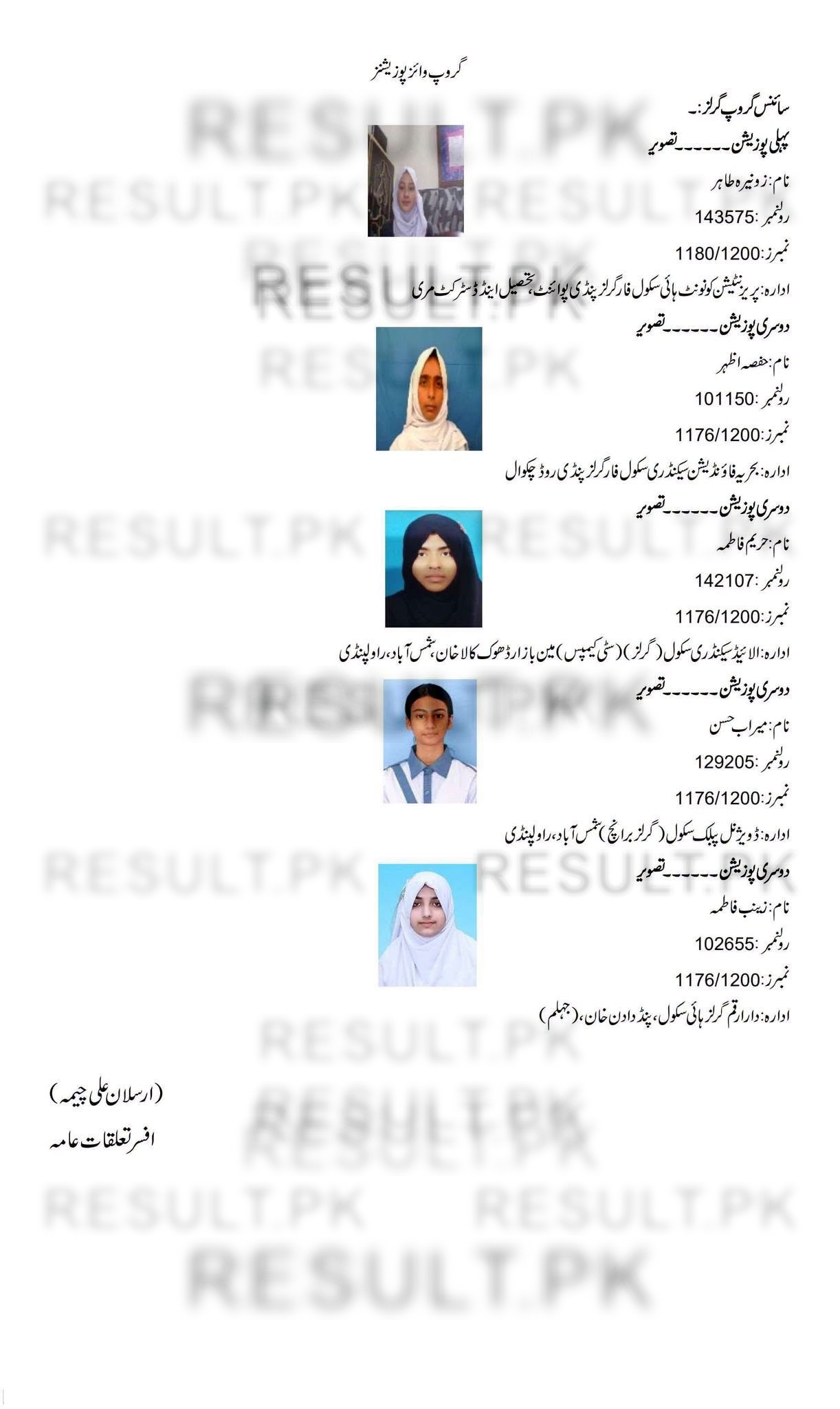 Rawalpindi Board SSC Science Girls Top 3 Positions 2026