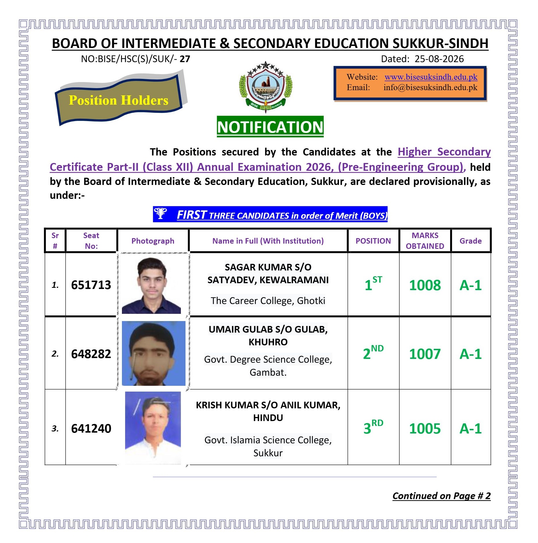 Sukkur Board HSC Pre-Engineering (Boys) Top 3 Positions 2026