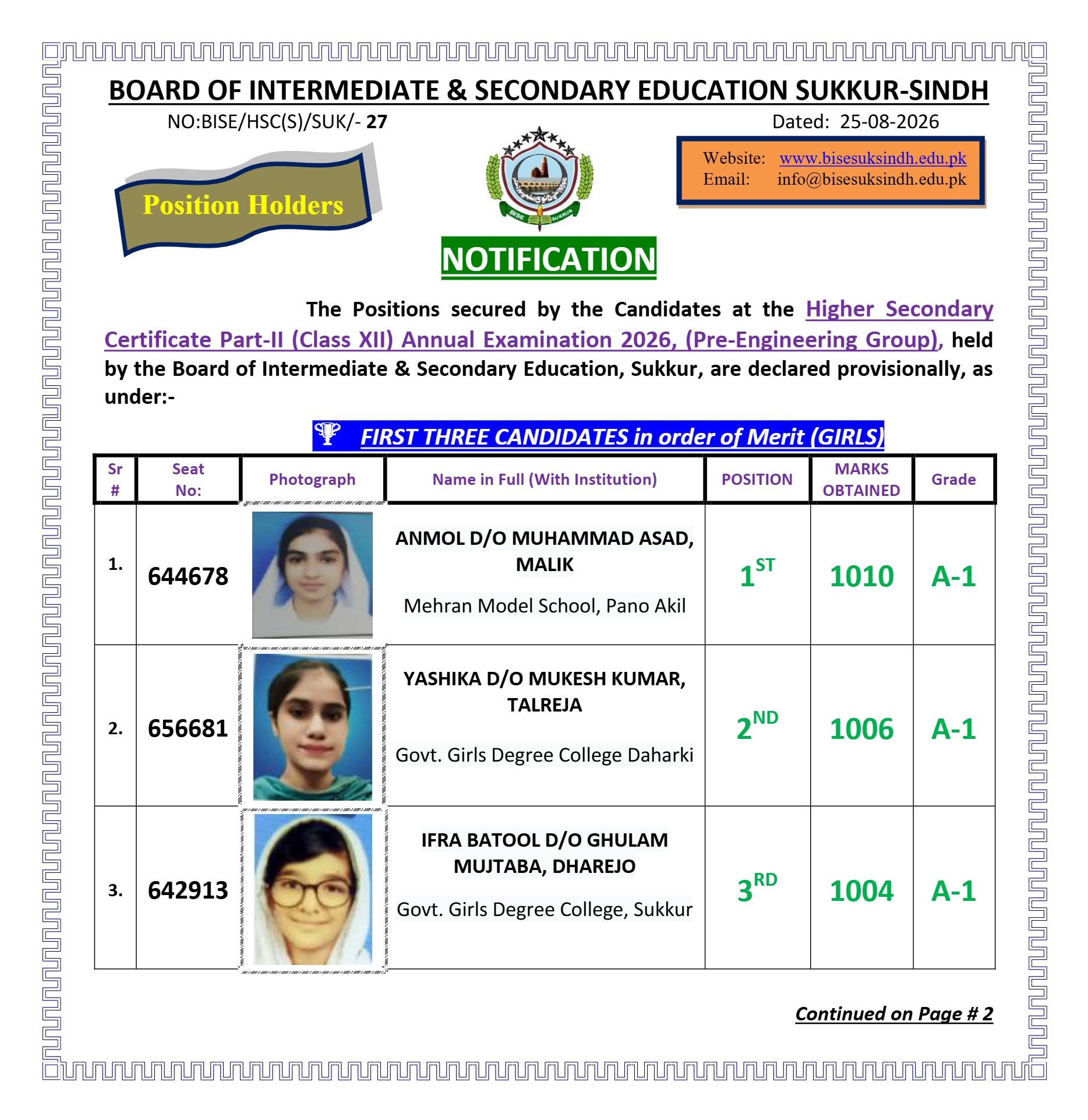 Sukkur Board HSC Pre-Engineering (Girls) Top 3 Positions 2026