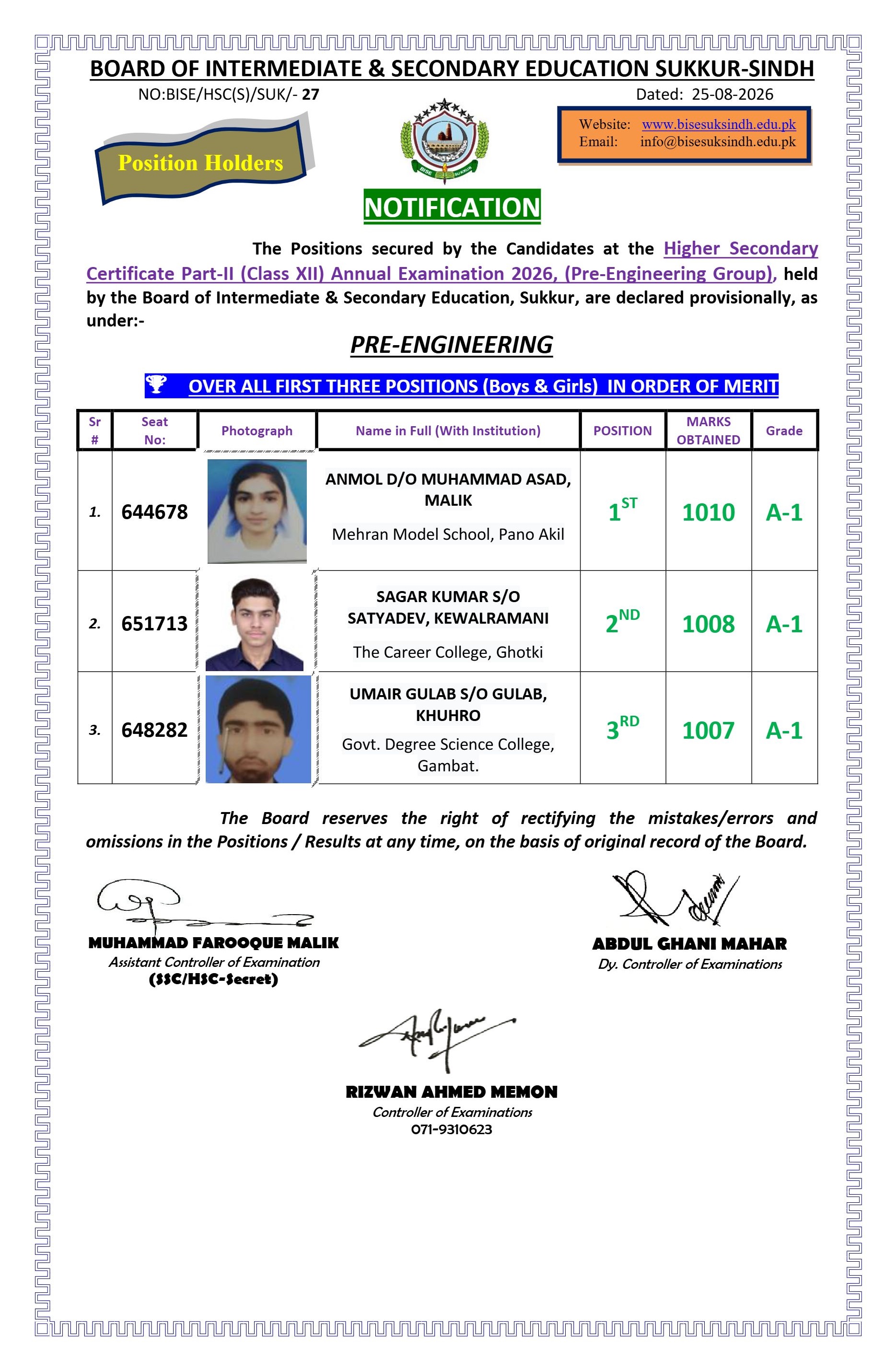 Sukkur Board HSC Pre-Engineering Overall Top Positions 2026