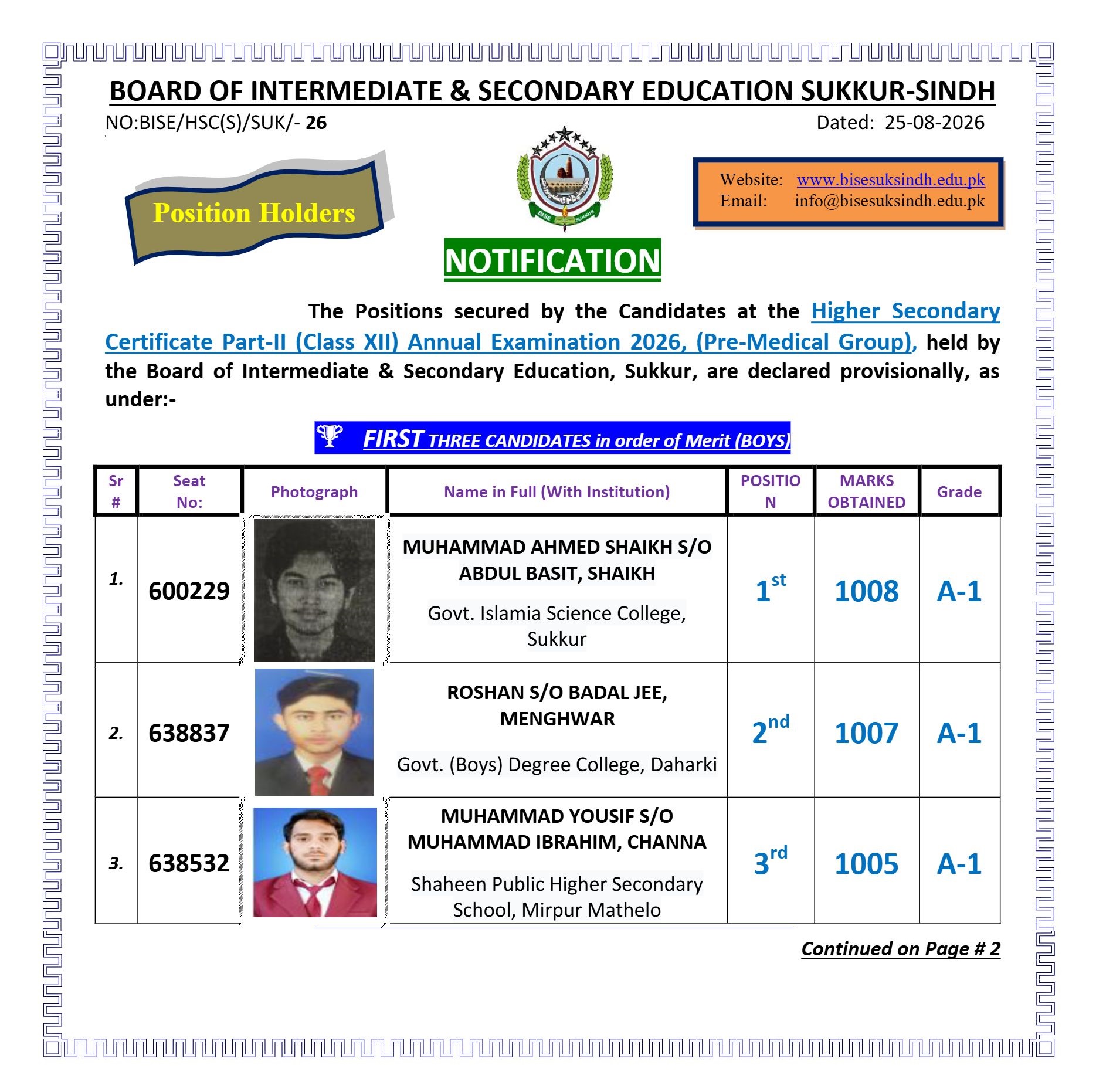 Sukkur Board HSC Pre-Medical (Boys) Top 3 Positions 2026