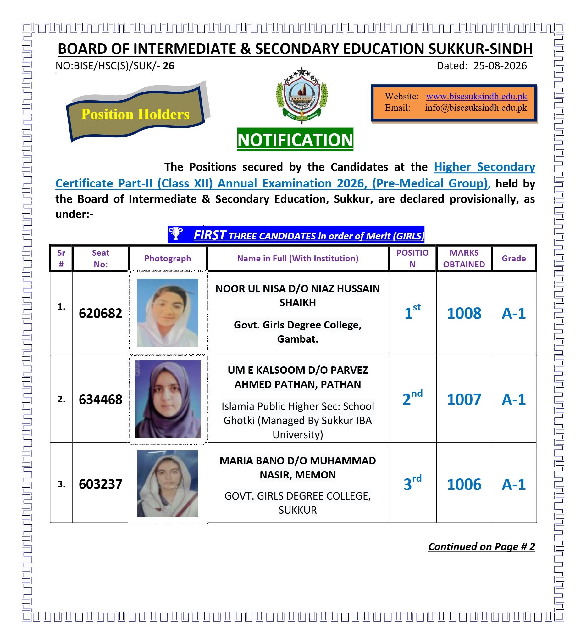 Sukkur Board HSC Pre-Medical (Girls) Top 3 Positions 2026