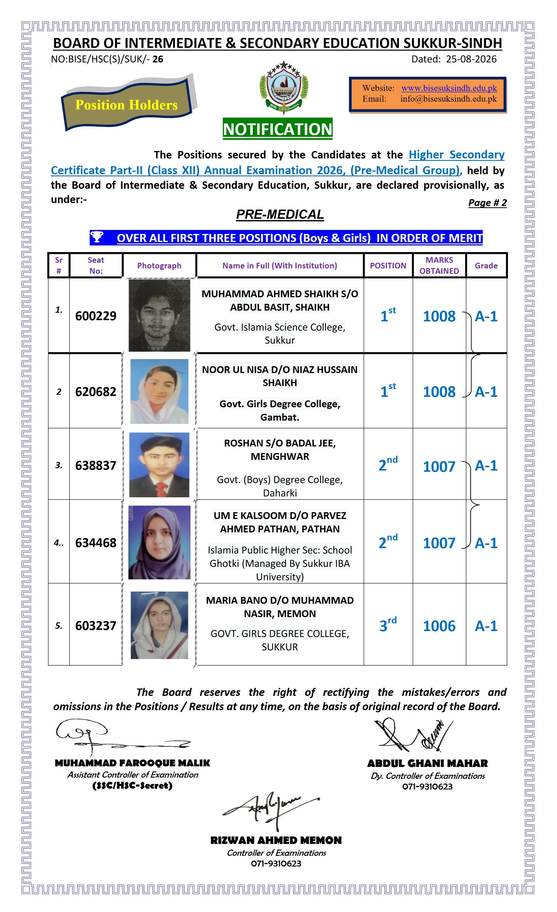 Sukkur Board HSC Pre-Medical Overall Top Positions 2026