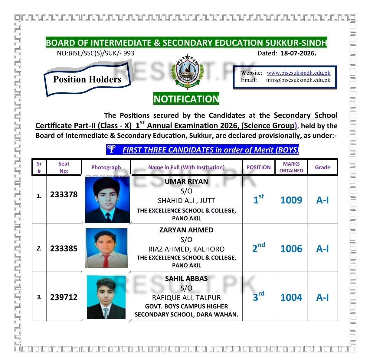 BISE Sukkur Board 10th Class Science Group Position Holders 2026 Top 3 Boys