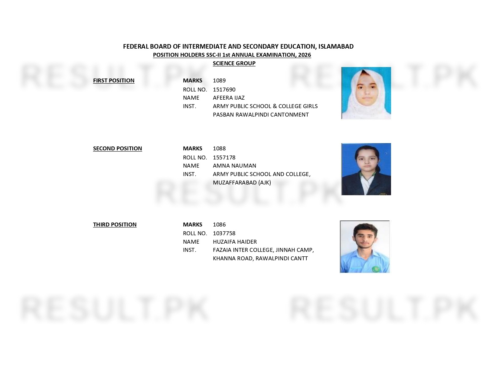 Federal Board 10th Class Science Group Position Holders 2026
